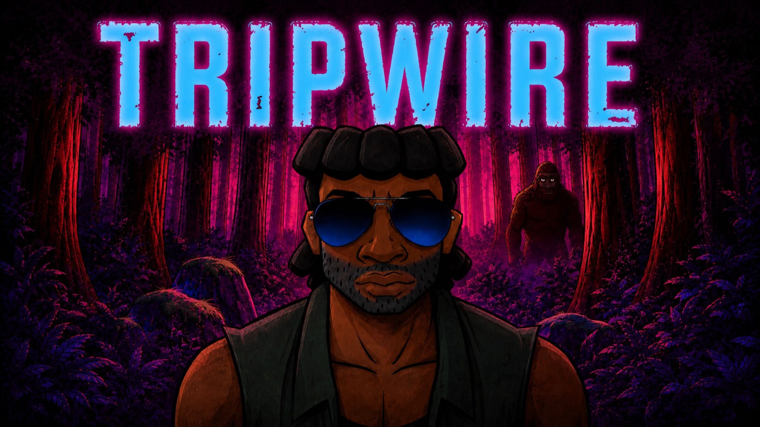 Tripwire key art — Trip in a neon forest with Sascrotch behind him